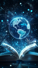Poster - Open book creating digital planet earth with network connection, big data, and abstract futuristic network