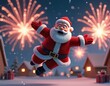 © MindBones - Santa Claus in festive pose with fireworks in the background. 3D cartoon illustration of joyful Santa Claus celebrating Christmas. Holiday season and New Year celebration concept. Invitation, poster.