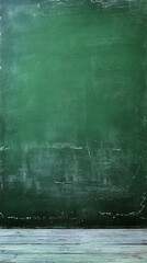 Poster - Empty green chalkboard with traces of erased chalk and wooden floor background, creating a vintage and educational atmosphere