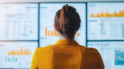 Poster - Businesswoman analyzing data on multiple screens in office meeting room