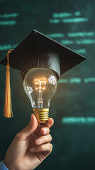 Aufkleber - Innovative education concept: hand holding lit light bulb with graduation cap