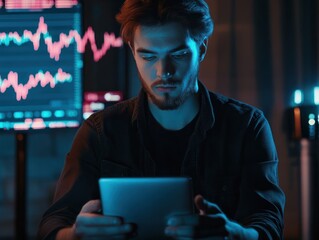 Poster - young man holding a smartphone and laptop with online trading chart of crypto on the screen