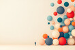 Minimalist person looking up at colorful abstract floating spheres in modern conceptual art