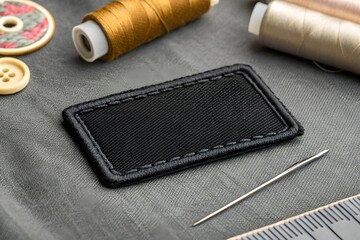 Poster - Black rectangular fabric patch mockup with stitched border on white background, perfect for branding design.