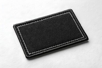 Poster - Black rectangular fabric patch mockup with stitched border on white background, perfect for branding design.