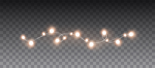 Wall Mural - Lights bulbs isolated on transparent background. Glowing fairy Christmas garland string. Vector New Year party led lamps decoration