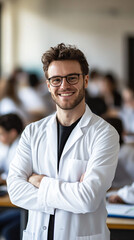 Poster - Young scientist confidently poses in lab with colleagues working in background
