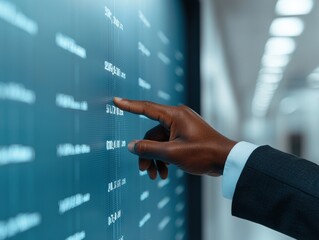 Poster - Businessman analyzing financial data on interactive screen in modern office