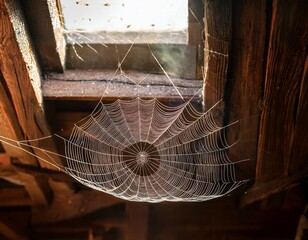 Wall Mural - sunlit spiderweb in rustic attic with dust particles floating in air nature s beauty and the passage of time