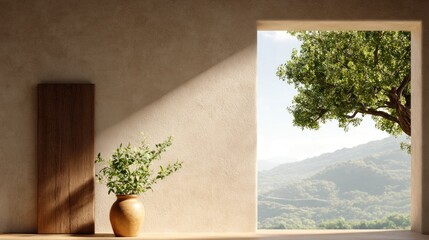 Wall Mural - Natural light floods a minimalist space featuring a vase of leafy plants beside a wood panel, framed by a breathtaking view of rolling green hills and trees outside