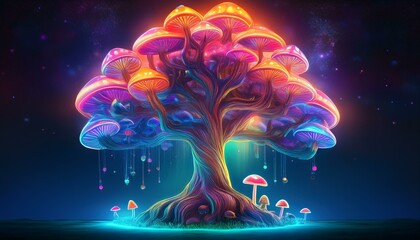 Wall Mural - glowing tree with psychedelic mushrooms growing at its roots