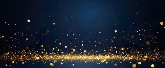 Wall Mural - Golden particles swirling on a dark blue background creating a magical and festive atmosphere, ideal for luxury, celebration, and holiday-themed projects.