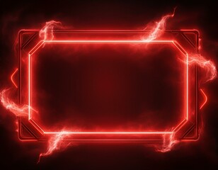 Wall Mural - red neon rectangle frame made of electricity and flame on dark background with smoke glowing geometric shape with copy space for text