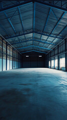 Poster - Empty industrial warehouse with a metal roof structure and concrete flooring