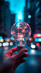 Aufkleber - Hand holding a glowing light bulb, representing urban creativity and technological advancement
