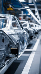 Poster - car bodies moving along conveyor belt in a modern car factory, during production process