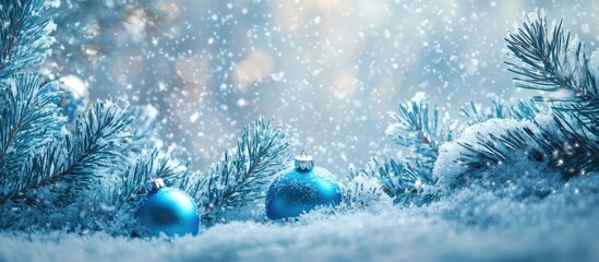 Wall Mural - Snowy background with blue Christmas ornaments and spruce branches in the snow, space for text Generative AI