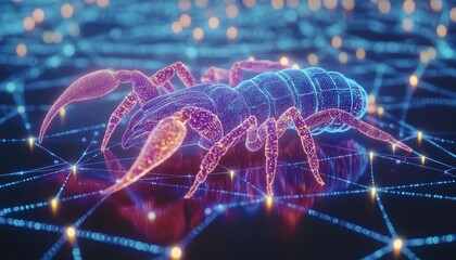 Neon Scorpion A stylized 3D render of a glowing arachnid set against a dark technology backdrop