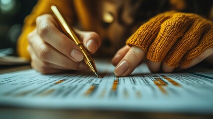 Poster - Woman reviewing a financial report with charts and graphs, demonstrating how data analysis contributes to informed decision-making and productivity