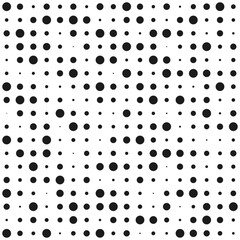 Dot grid halftone endless texture. Polka dot seamless pattern. Different sized round black points. Dotty perforated surface. Technology wallpaper. Abstract monochrome retro background. Vector
