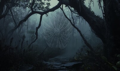 A spider web covered in morning dew hangs between two branches in a foggy forest