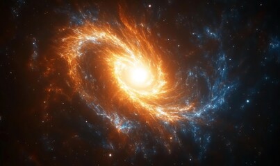 A swirling galaxy with orange and blue hues and a bright core against a starry black backdrop