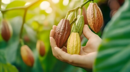 A hand gently touches vibrant cocoa pods on a tree, highlighting the rich colors and textures of the fruit