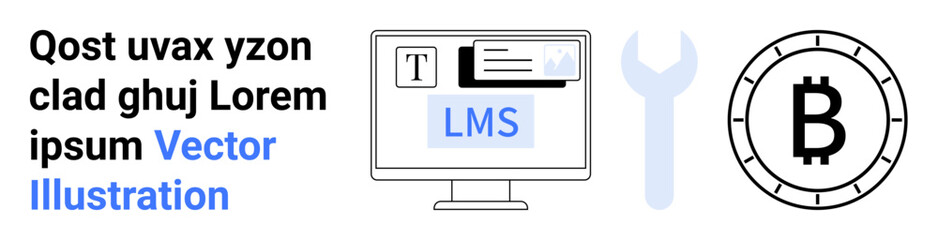 Computer monitor with LMS software, text block, wrench, and Bitcoin symbol. Ideal for tech, education, blockchain, cryptocurrency, web development, software tools, online learning. Landing page
