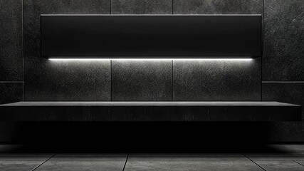 Poster - A minimalist black bench sits in front of a black tiled wall with a strip of light illuminating the area