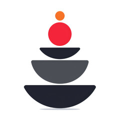 Poster - A stack of four circles, with one red, one orange, and two gray, rests on top of three overlapping gray semicircles. Balance concept