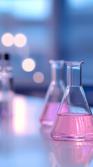 Poster - Pink liquid in two erlenmeyer flasks symbolizes scientific inquiry and experimentation on a lab bench