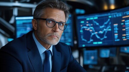 Poster - focused business professional dressed in a suit assesses complex data displayed on large monitors in a modern office. environment conveys a sense of urgency and importance to the task