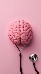 Poster - anatomical brain model connected to a stethoscope, suggesting the concept of mental health and neuro