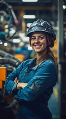 Aufkleber - Confident female engineer smiling with arms crossed in modern industrial factory