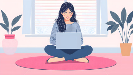 Fototapete - Female customer service worker working on laptop in flat illustration. Generative AI