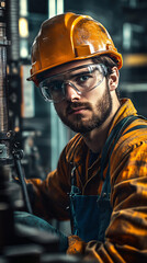 Aufkleber - Demonstration of workplace safety in a factory setting: industrial worker with safety glasses and hard hat