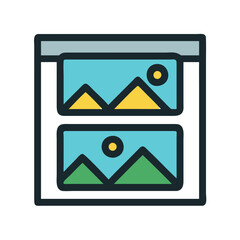 Poster - Vector icon representing a gallery with two framed images depicting landscapes, featuring mountains and a sun, suitable for art-related or digital design projects