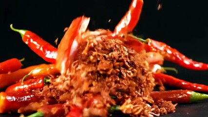 Poster - heap of crushed red pepper flakes made from fresh chili peppers generative ai