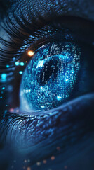 Leinwandbilder - Macro shot of an eye mirroring binary code, representing the fusion of technology and human sight in a futuristic setting