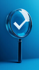 Fototapete - Quality control and verification concept: glass magnifier displaying check mark symbol on blue background