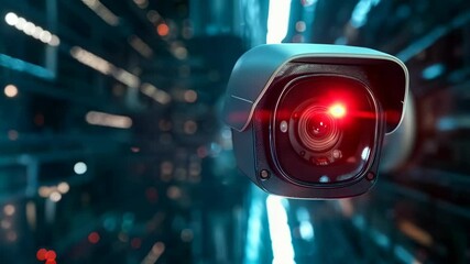 Poster - CCTV camera with digital interface background. Future Ai, Artificial Intelligence. Futuristic surveillance system technology concept. Security and control. Holographic data elements.