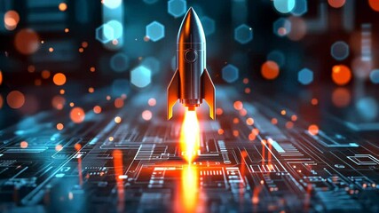 Poster - A silver rocket ship takes off from a digital circuit board, signifying the launch of a new technological era