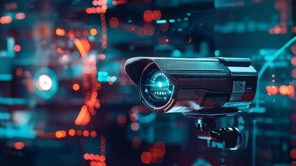 Poster - CCTV camera with digital interface background. Future Ai, Artificial Intelligence. Futuristic surveillance system technology concept. Security and control. Holographic data elements.