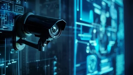 Poster - CCTV camera with digital interface background. Future Ai, Artificial Intelligence. Futuristic surveillance system technology concept. Security and control. Holographic data elements.