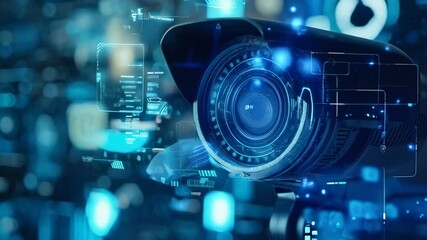 Poster - CCTV camera with digital interface background. Future Ai, Artificial Intelligence. Futuristic surveillance system technology concept. Security and control. Holographic data elements.