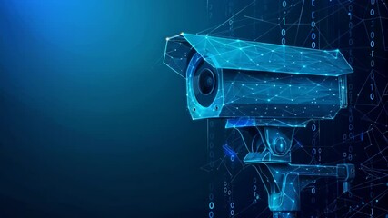 Poster - Digital CCTV camera 3D animation. Future Ai, Artificial Intelligence. Futuristic surveillance system technology concept. Security and control. Holographic data elements.