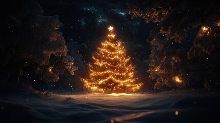 Wall Mural - Nighttime shot of an outdoor Christmas tree in the snow, twinkling lights illuminating the scene, cinematic winter wonderland