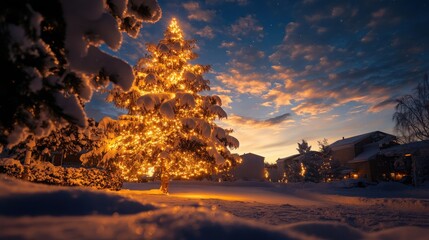 Wall Mural - Nighttime shot of an outdoor Christmas tree in the snow, twinkling lights illuminating the scene, cinematic winter wonderland