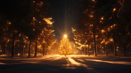 Wall Mural - Nighttime shot of an outdoor Christmas tree in the snow, twinkling lights illuminating the scene, cinematic winter wonderland