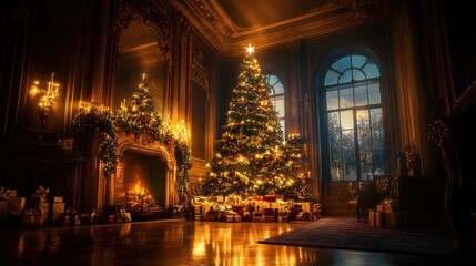 Wall Mural - Ornate Christmas tree with red, green, and gold decor, beautifully illuminated in a darkened room, cinematic holiday feel